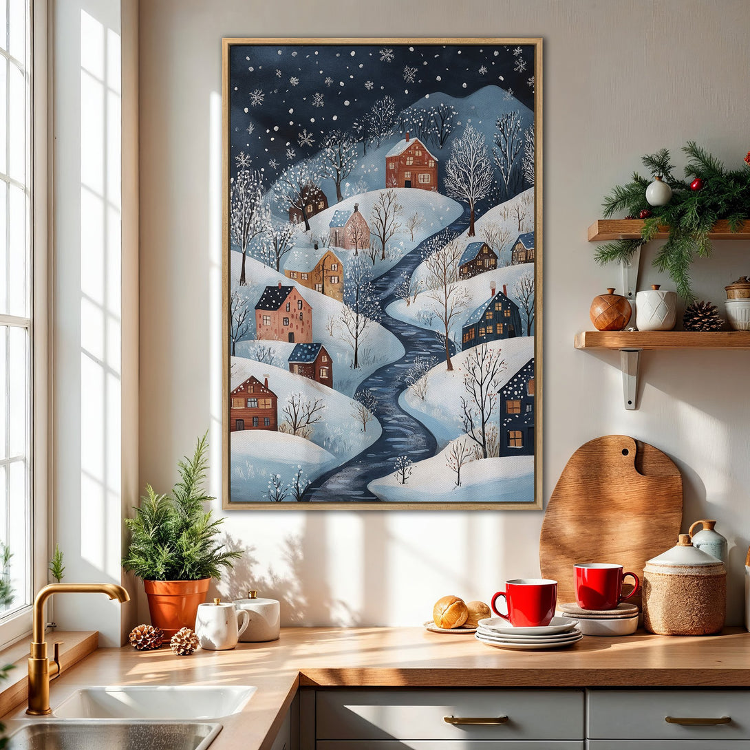 Framed Wall Art: Winter village scene in a cozy, folk art style. Features a snowy landscape with blue, white, and warm earth tones. Perfect for seasonal decor.