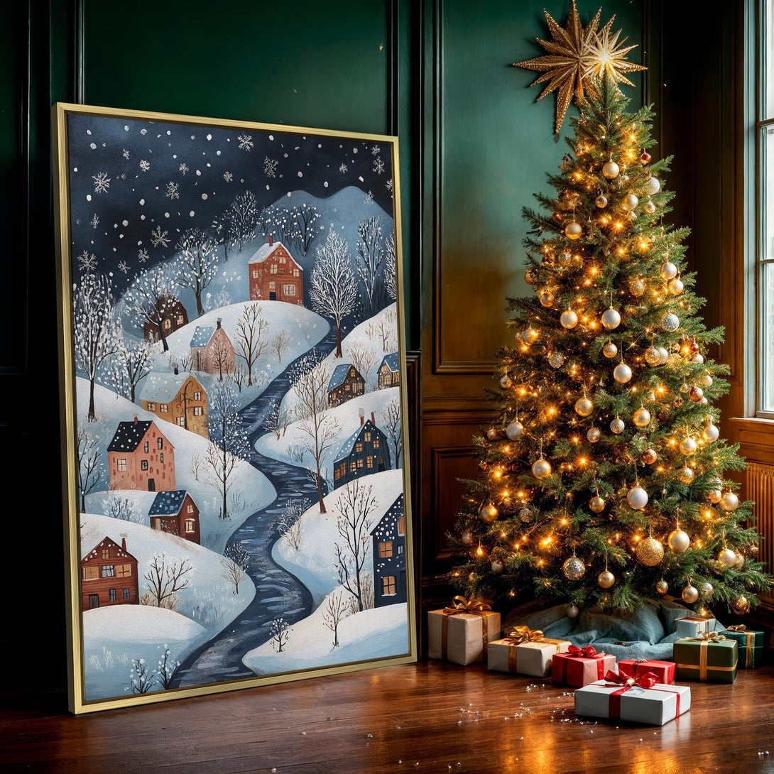 Canvas Print of a winter village scene in a whimsical, folk art style. Features a snowy landscape with blue, brown, and white color palette.