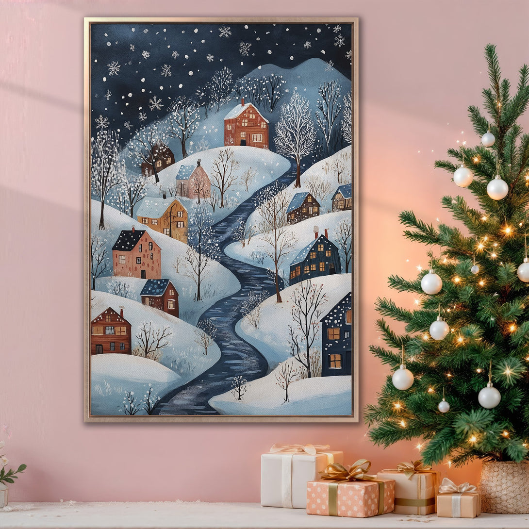 Framed Wall Art: Winter village scene in a whimsical style. Features a snowy landscape with cozy houses, a river, and a cool blue and warm brown color palette. Perfect for holiday decor!