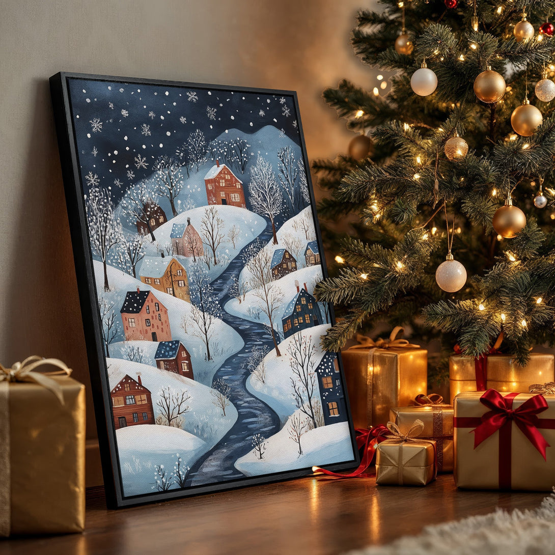 Framed Wall Art: Winter village scene in a cozy interior. Charming illustration with a blue, brown, and white color palette, perfect for holiday decor.