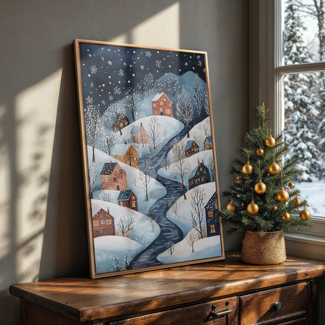 Framed Wall Art: Winter village scene in blue, white, and brown tones. Cozy cottagecore style Canvas Print perfect for holiday decor.