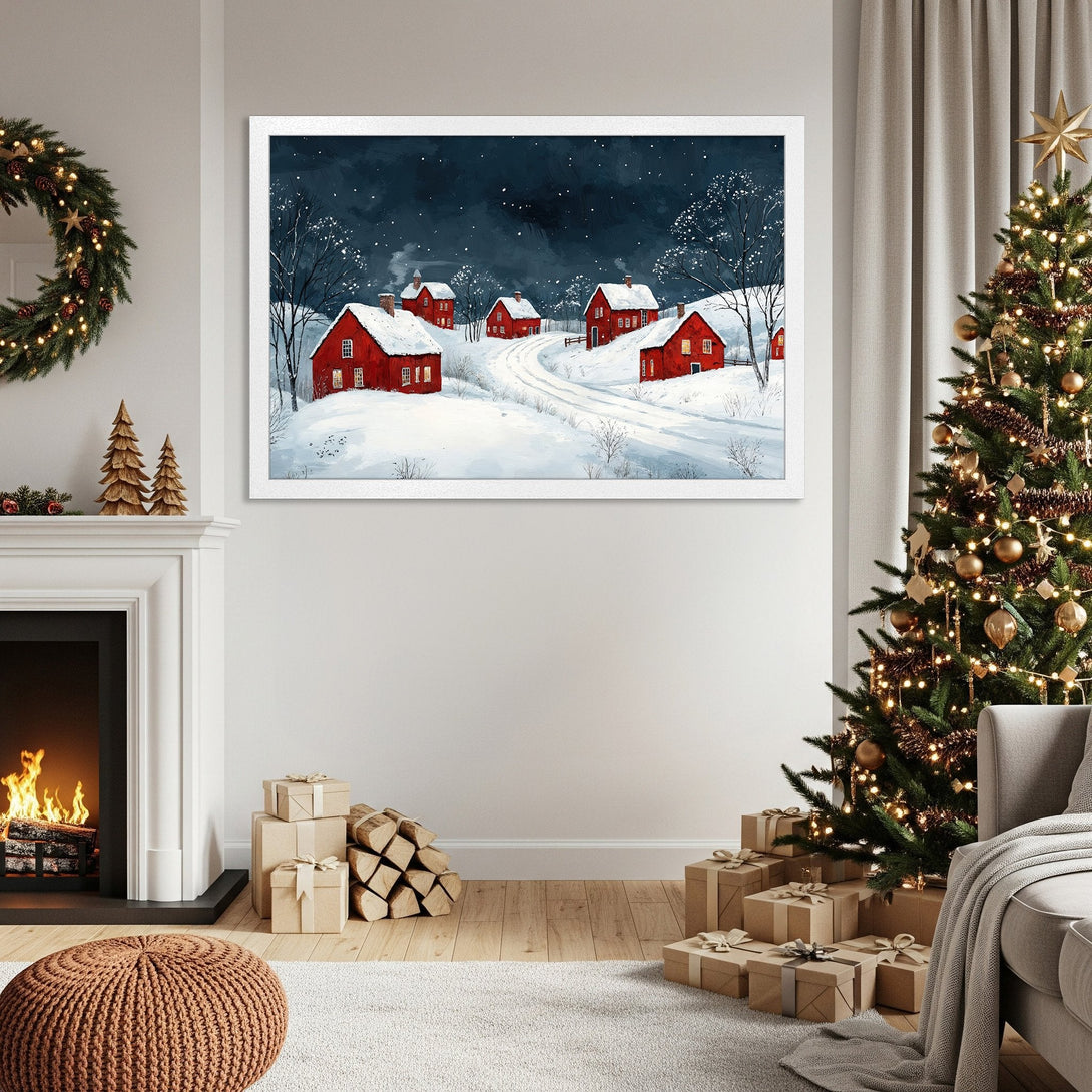Framed Poster of a winter scene with red houses. Watercolor style with a dark blue and red color palette. Perfect holiday decor.