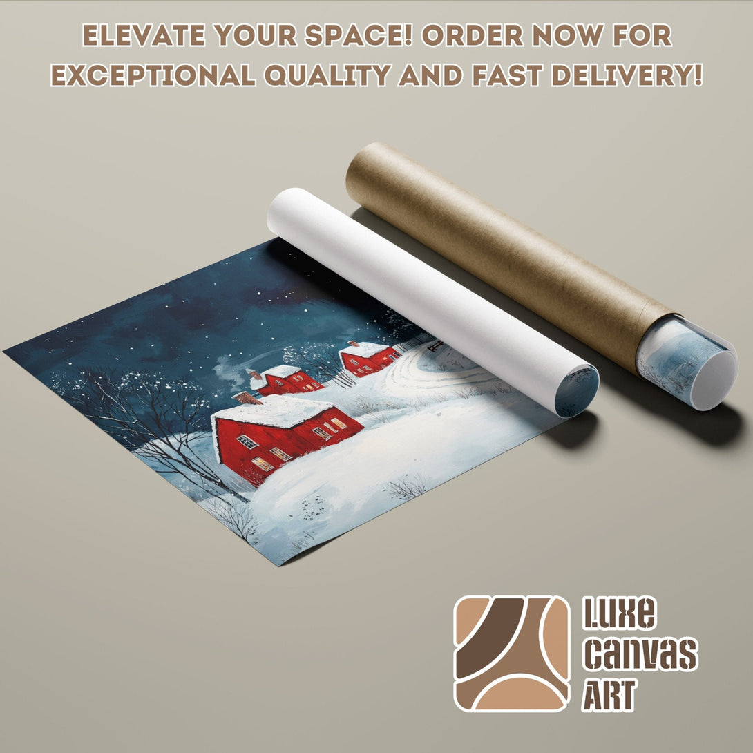 Winter landscape Poster Roll art print, featuring red houses, blue and white palette. Order today!