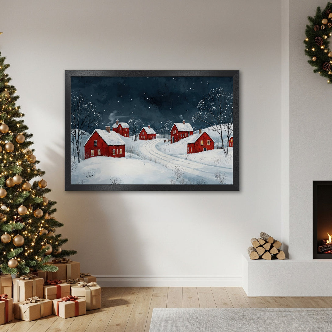 Framed Poster featuring a winter village scene in a watercolor style. Red houses against a snowy landscape, dark blue sky, and warm color palette. Perfect holiday decor.