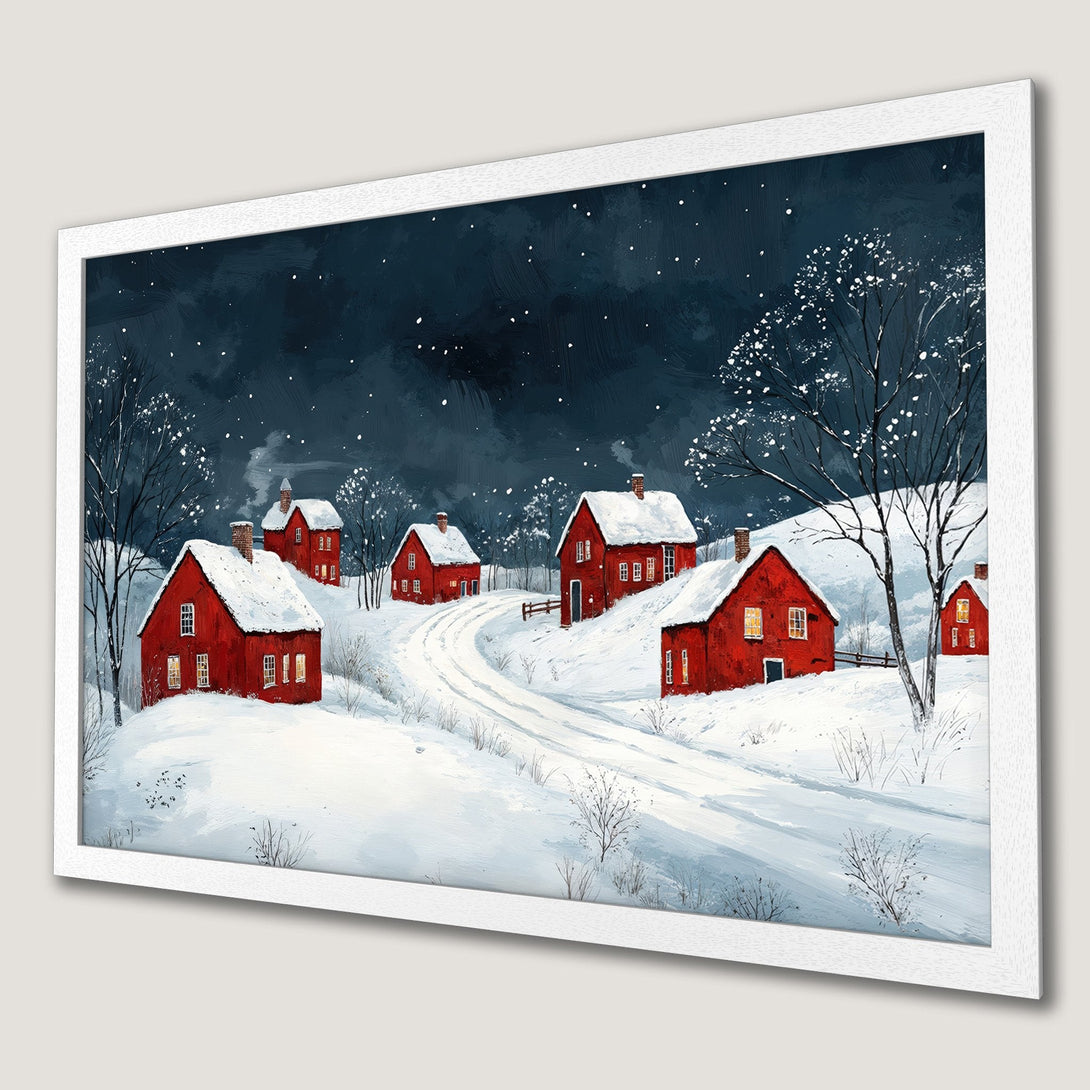 Framed Poster of a winter village scene with red houses, dark blue sky, and snowy landscape. A cozy, charming art print.