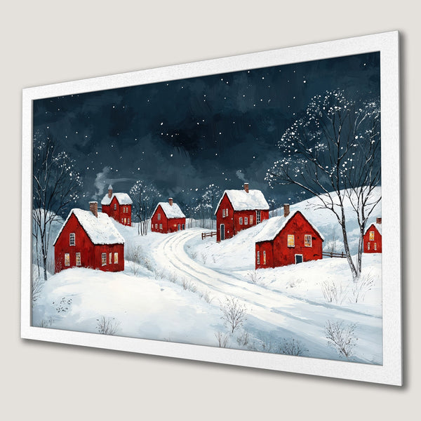 Framed Poster of a winter village scene with red houses, dark blue sky, and snowy landscape. A cozy, charming art print.
