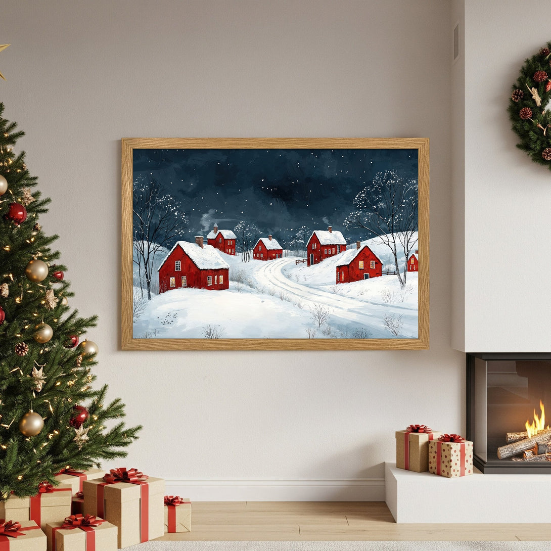 Framed Poster of a winter scene with red houses, cozy style, dark blue and red color palette. Perfect holiday decor!