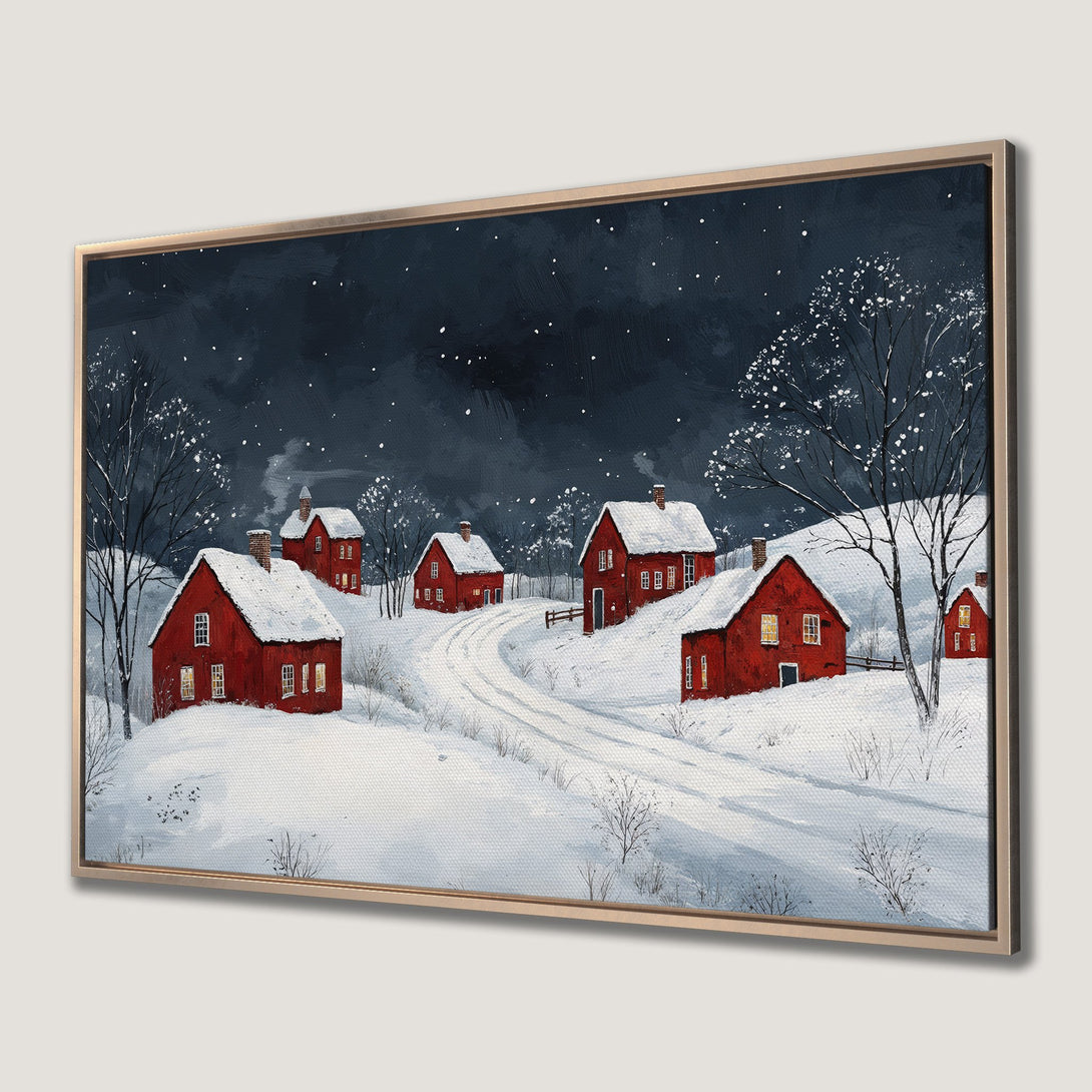 Framed Wall Art: Winter landscape Canvas Print with red houses, snow, and a dark blue sky. Cozy art with a warm color palette.