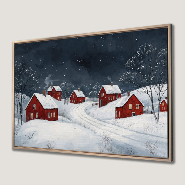 Framed Wall Art: Winter landscape Canvas Print with red houses, snow, and a dark blue sky. Cozy art with a warm color palette.