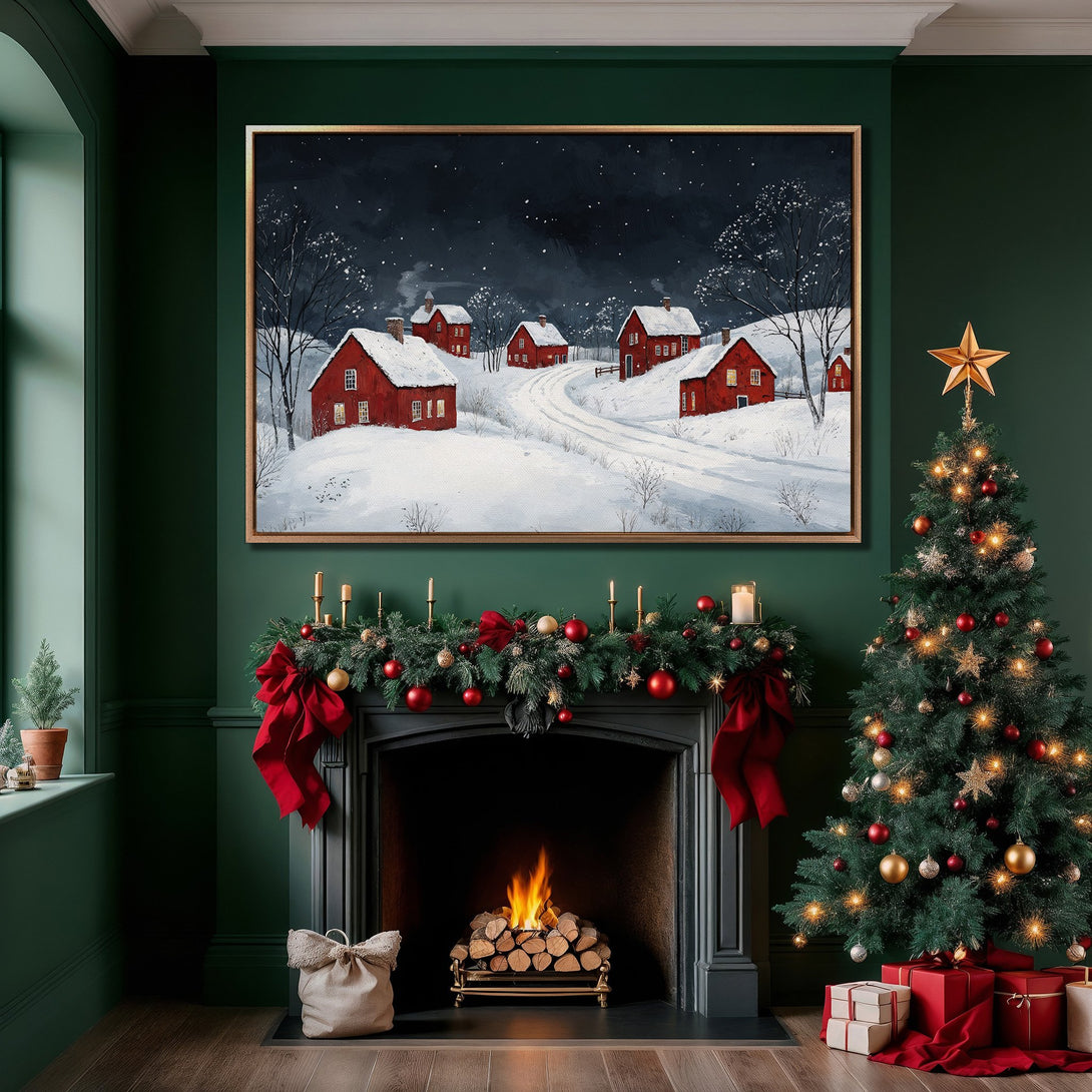 Framed Wall Art of a winter landscape with red houses. Cozy, festive interior with a green and red color palette, perfect for holiday decor.