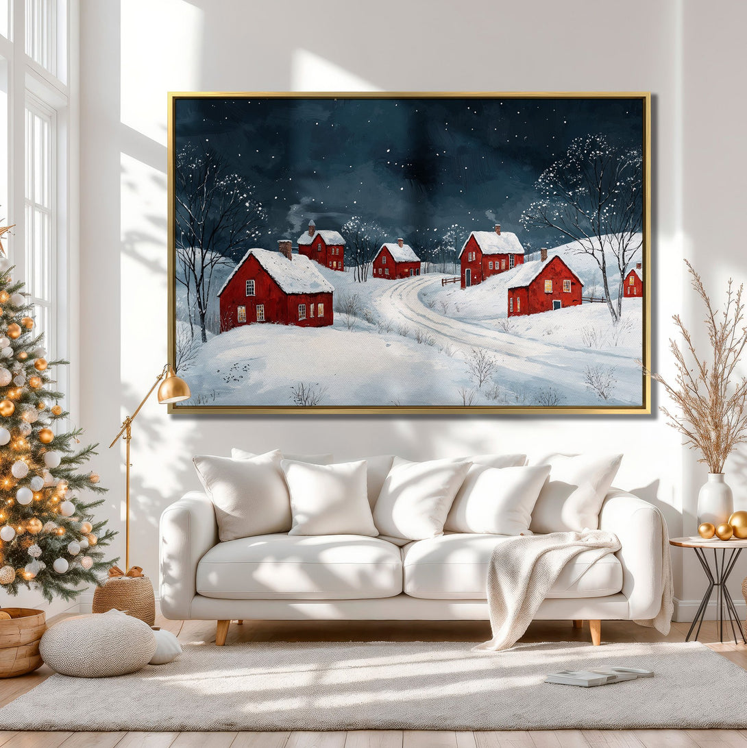 Canvas Print of a winter landscape with red houses, a snowy scene, and a dark, starry sky. Perfect for adding cozy charm to your home.