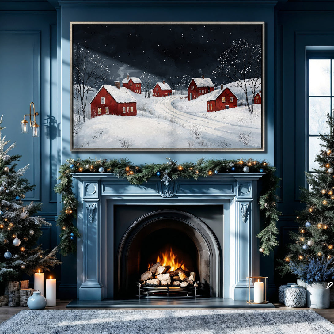 Framed Wall Art: Winter village scene in red & white against a dark night sky. Cozy, rustic style. Perfect for adding warmth to your home decor.