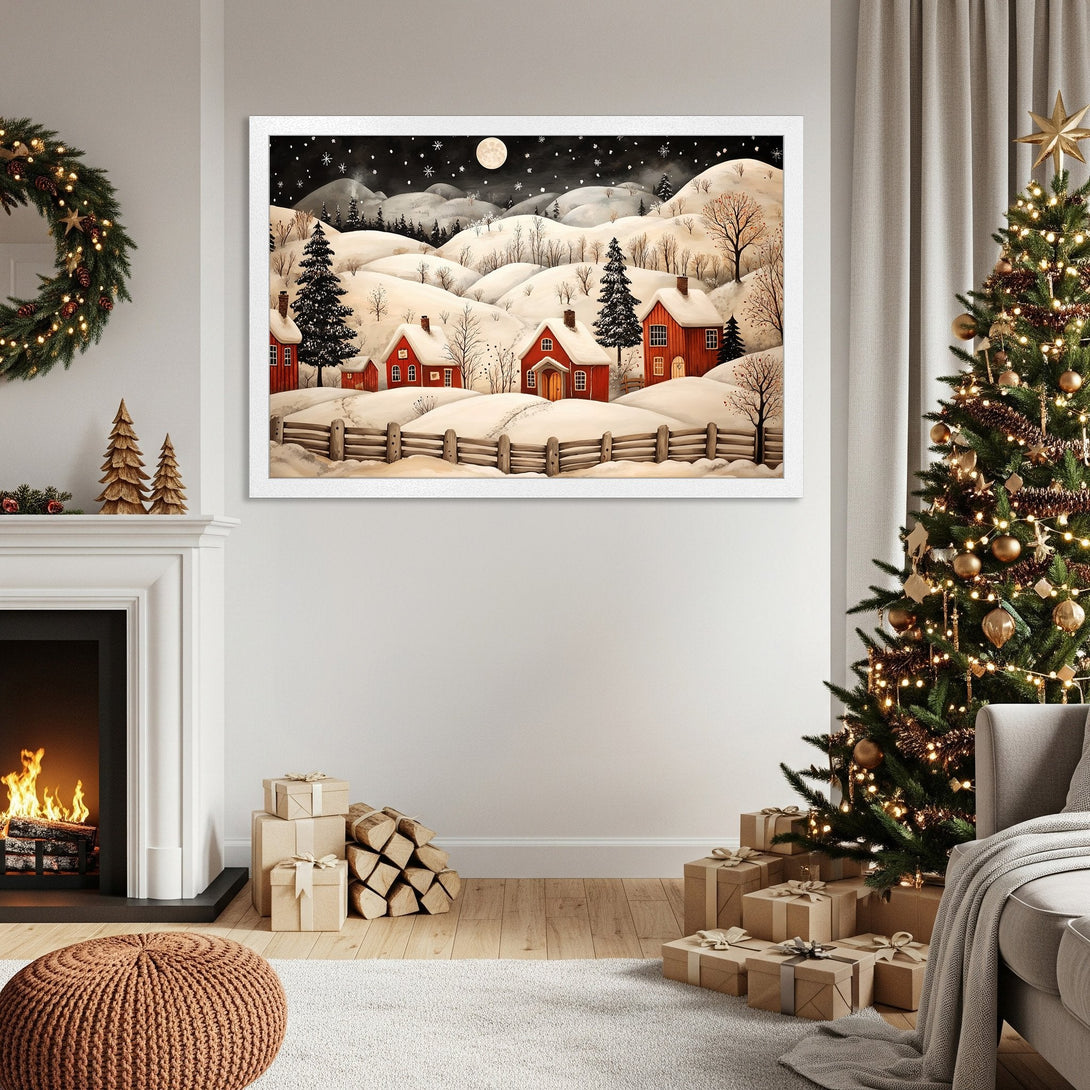 Framed Poster of a winter village scene, art print with a cozy, whimsical style and a warm red, white, and black color palette. Perfect holiday decor.