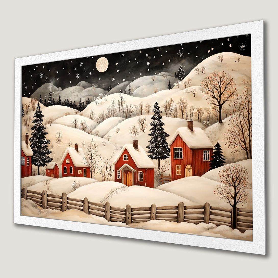 Framed Poster featuring a winter landscape with red houses, a snowy scene, and a warm color palette, perfect for cozy decor.