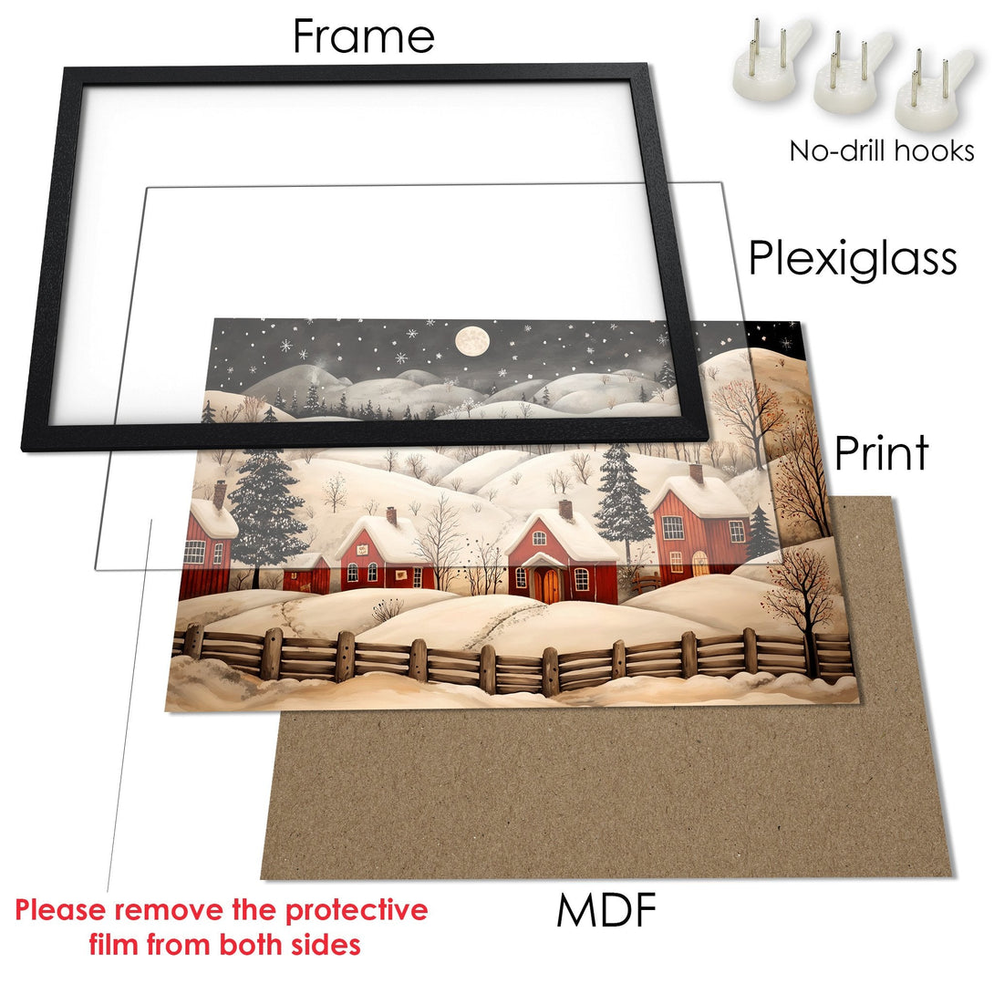Framed Poster featuring a winter scene with red houses, a black frame, and a muted color palette. Perfect wall art!