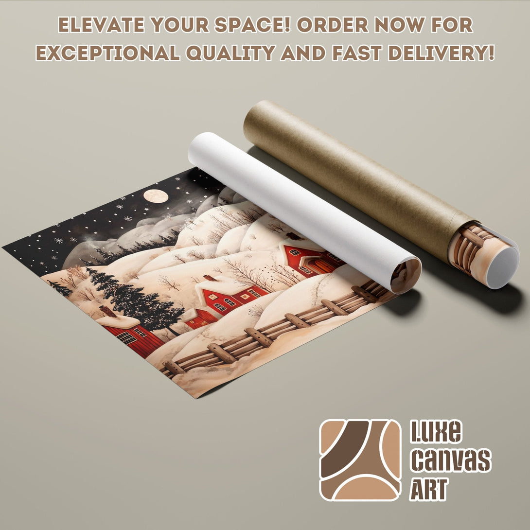 Poster Roll featuring a winter landscape with red houses, warm color palette. Order now!