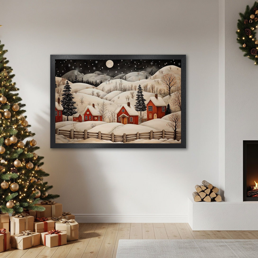 Framed Poster featuring a winter village scene in a whimsical style with red houses, set against a black, white, and gray color palette. Perfect holiday decor!