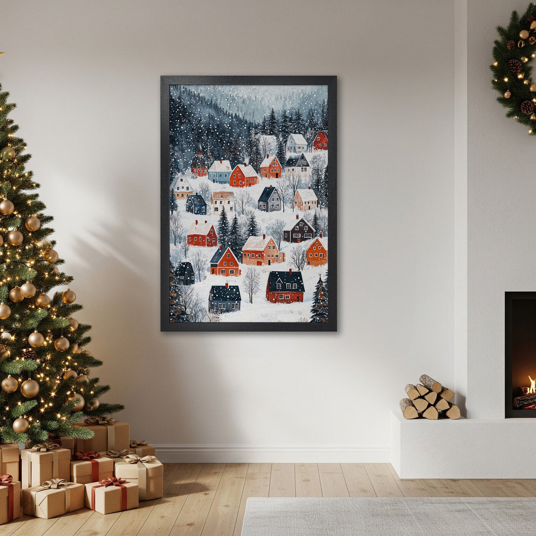 Framed Poster of a winter village scene. Cozy art with a blue, red, and white color palette. Perfect holiday decor!