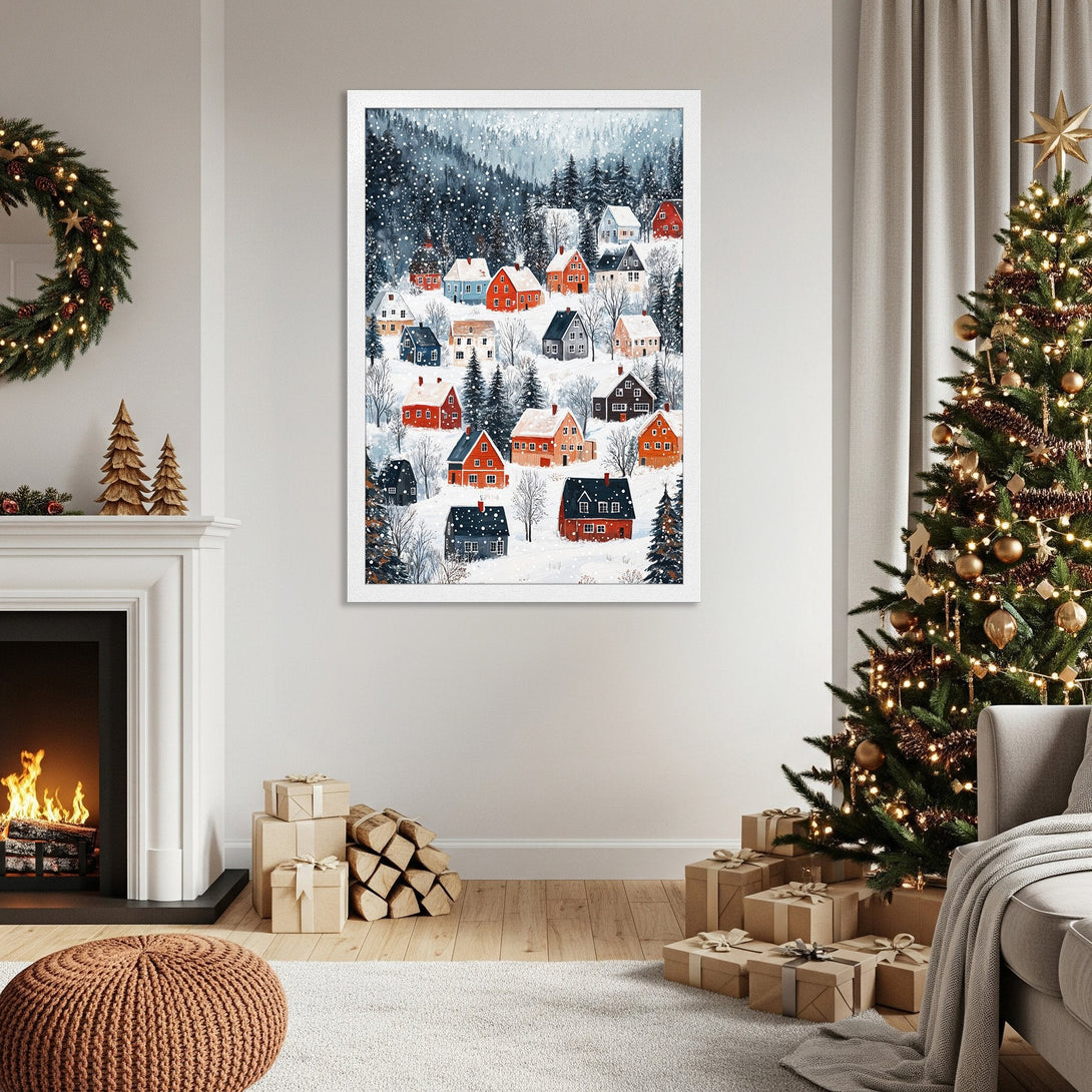 Framed Poster of a snowy village scene, watercolor style. Features red, blue, and neutral tones. Perfect holiday decor!