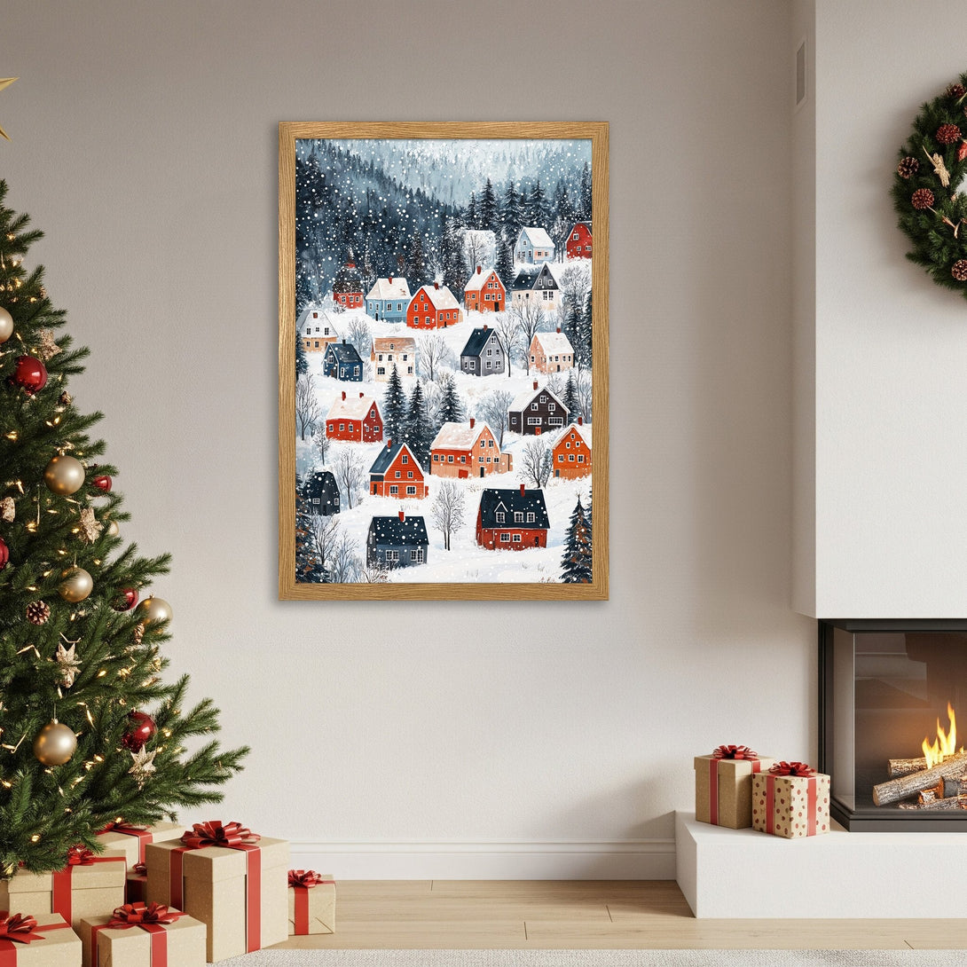 Framed Poster of a snowy village scene in a cozy, watercolor style. Features a warm color palette, perfect for holiday decor.