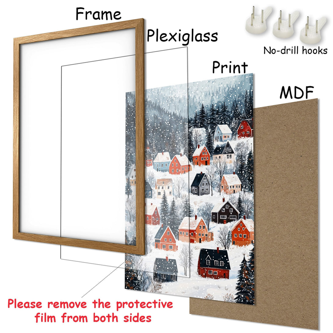 Framed Poster featuring a winter village scene in a charming, illustrative style. Cozy red and blue houses against a snowy, cool-toned backdrop.