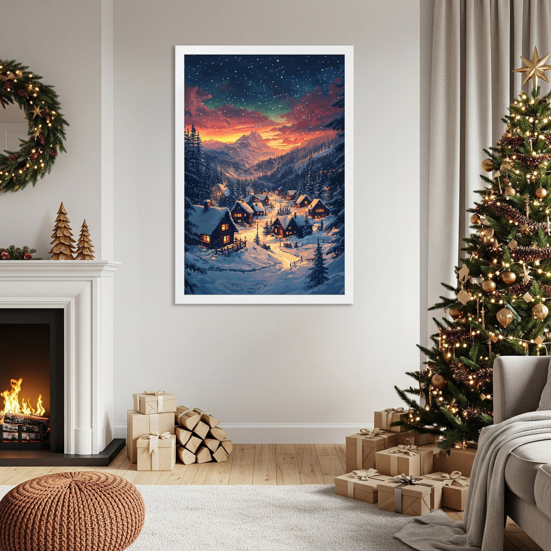 Framed Poster featuring a winter village scene with a warm color palette, perfect for cozy decor.
