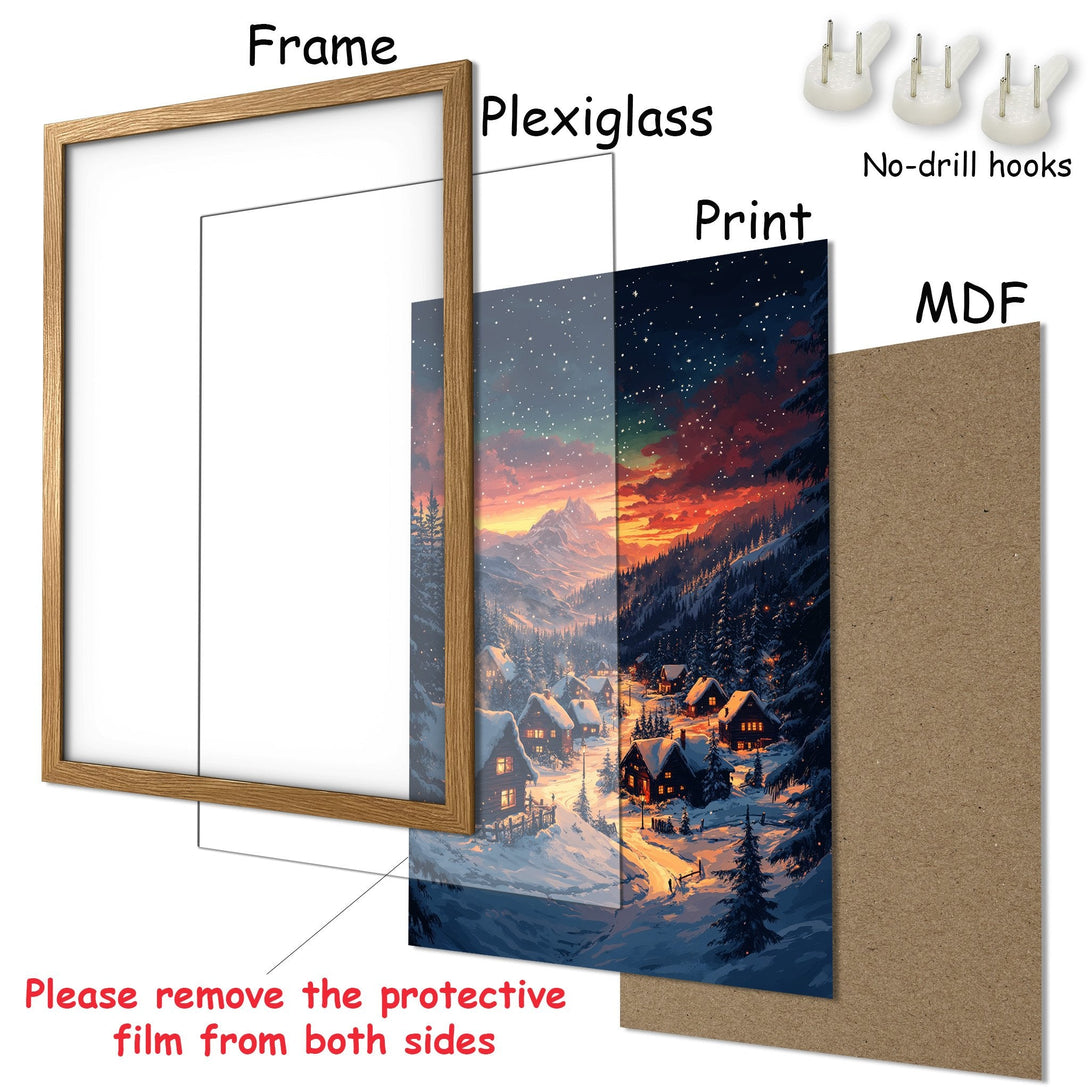 Framed Poster featuring a winter village scene with warm, sunset colors. Perfect art for your home!