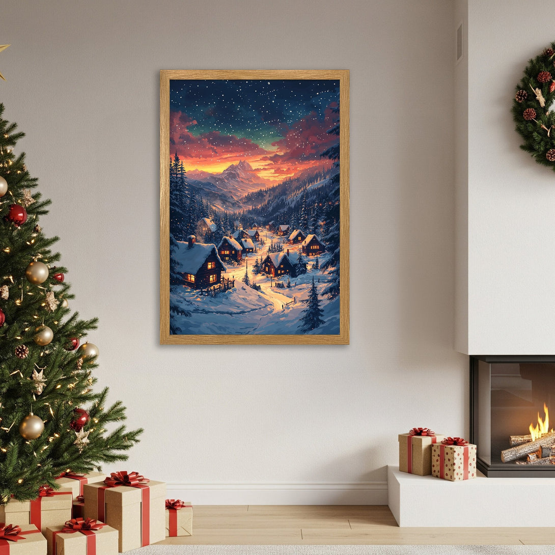 Framed Poster of a winter village scene in a warm, vibrant color palette. Perfect Christmas decor!