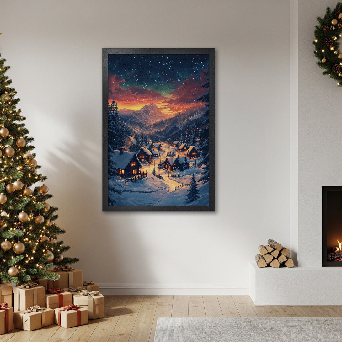 Framed Poster of a winter village scene, featuring a warm, inviting color palette. Perfect for cozy home decor!