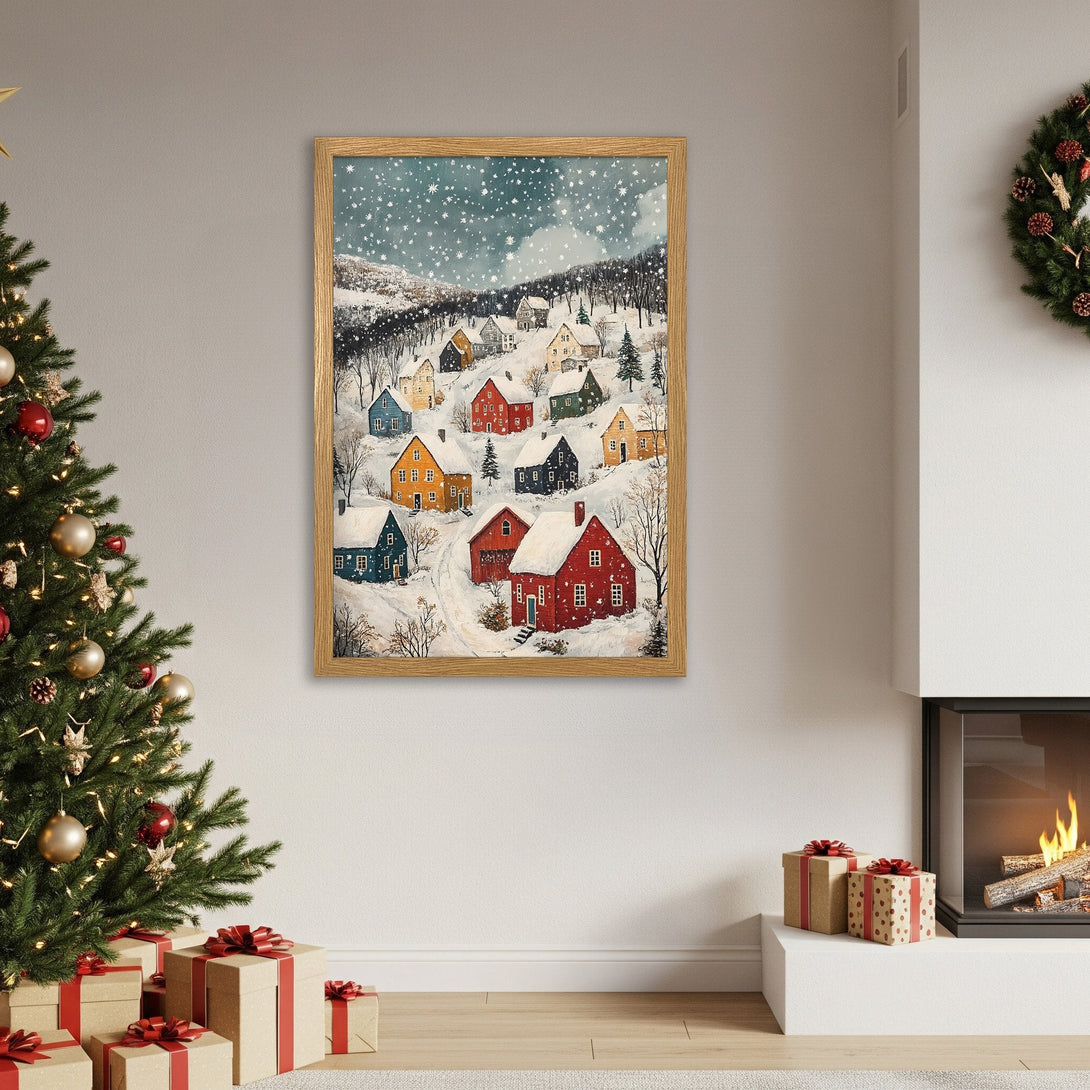 Framed Poster featuring a winter village scene, painted in a charming, folk art style with a warm, inviting color palette. Perfect holiday decor!