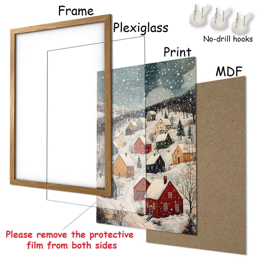 Framed Poster of a snowy village scene, featuring a cozy winter landscape in a warm color palette. Perfect wall art!