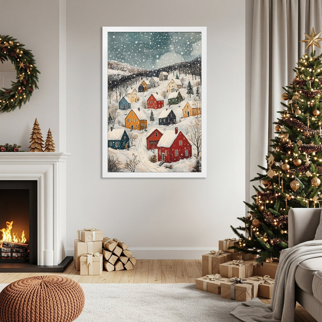 Framed Poster of a snowy village scene, watercolor style, featuring a warm, colorful palette. Perfect Christmas decor.