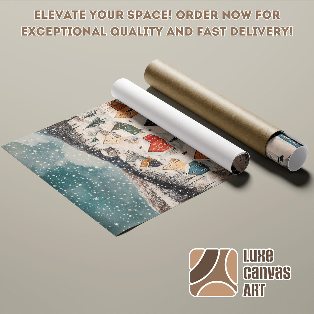 Poster Roll featuring a winter village scene in a warm, inviting color palette. Elevate your space!