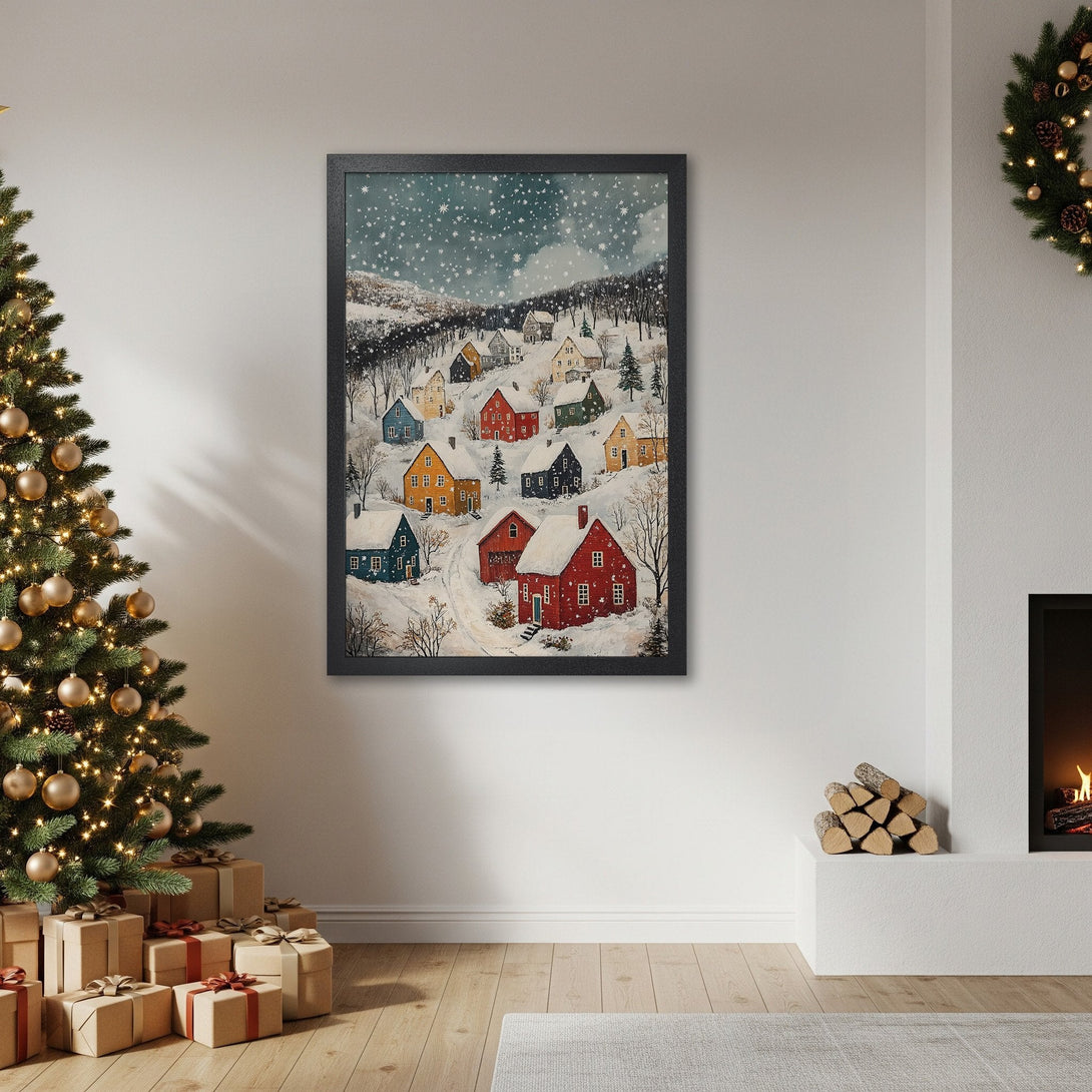 Framed Poster of a winter village scene in watercolor style. Features colorful houses in a snowy landscape. Perfect holiday home decor.