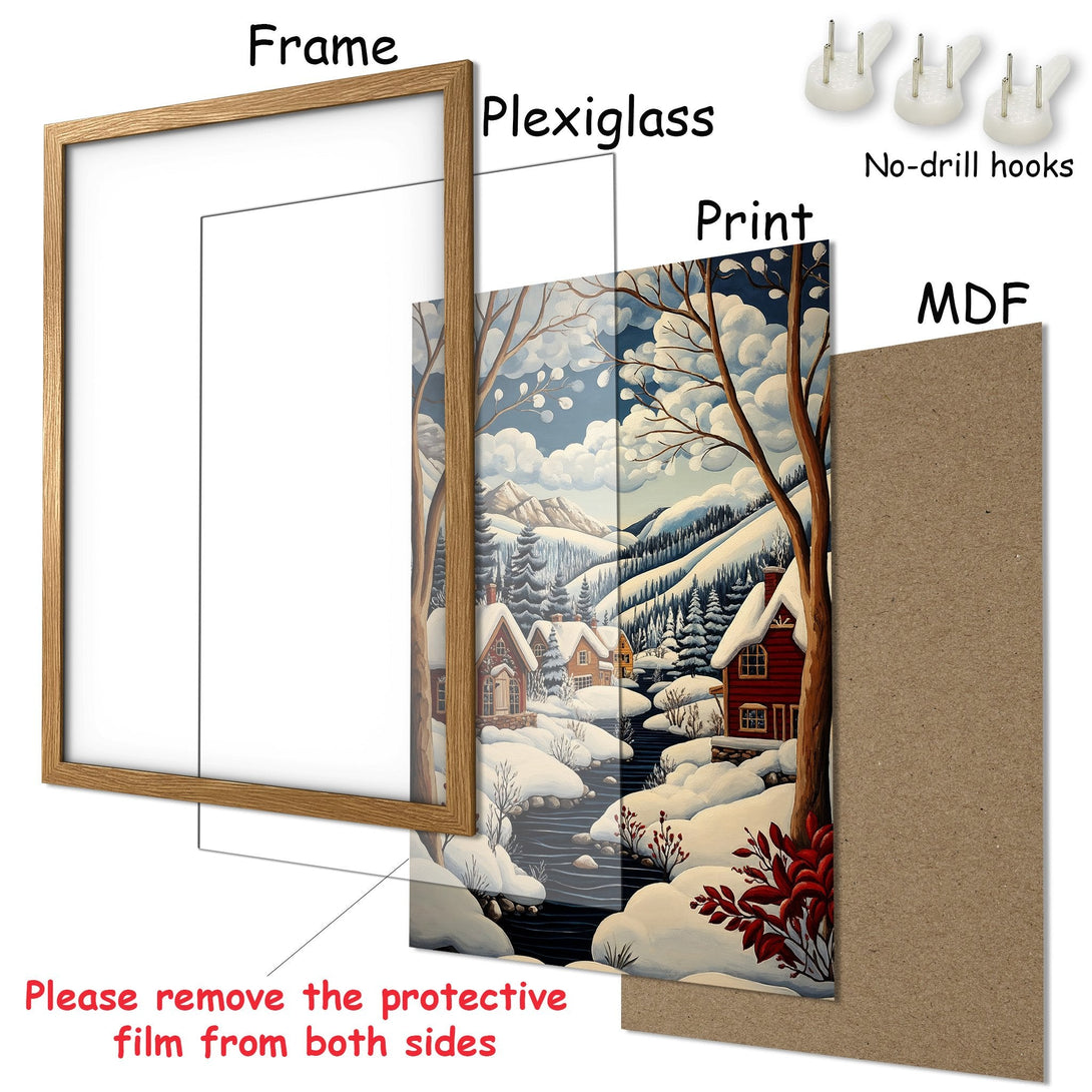 Framed Poster featuring a winter landscape painting. Beautiful artwork with a soft blue and white color palette, perfect for home decor.
