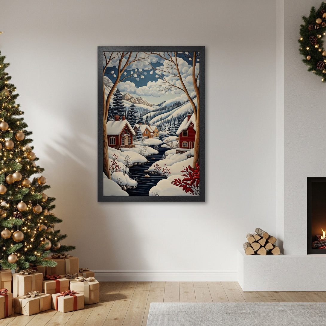 Framed Poster of winter scene in a cozy, illustrative style with a blue, white, and red color palette. Perfect holiday decor!