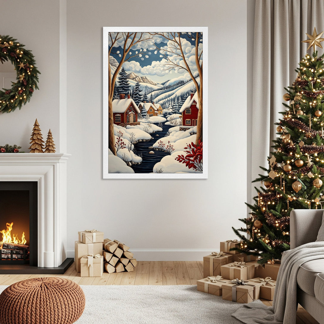 Framed Poster of winter village scene in a cozy, illustrative style. Features red, white, and blue color palette, perfect for holiday decor.