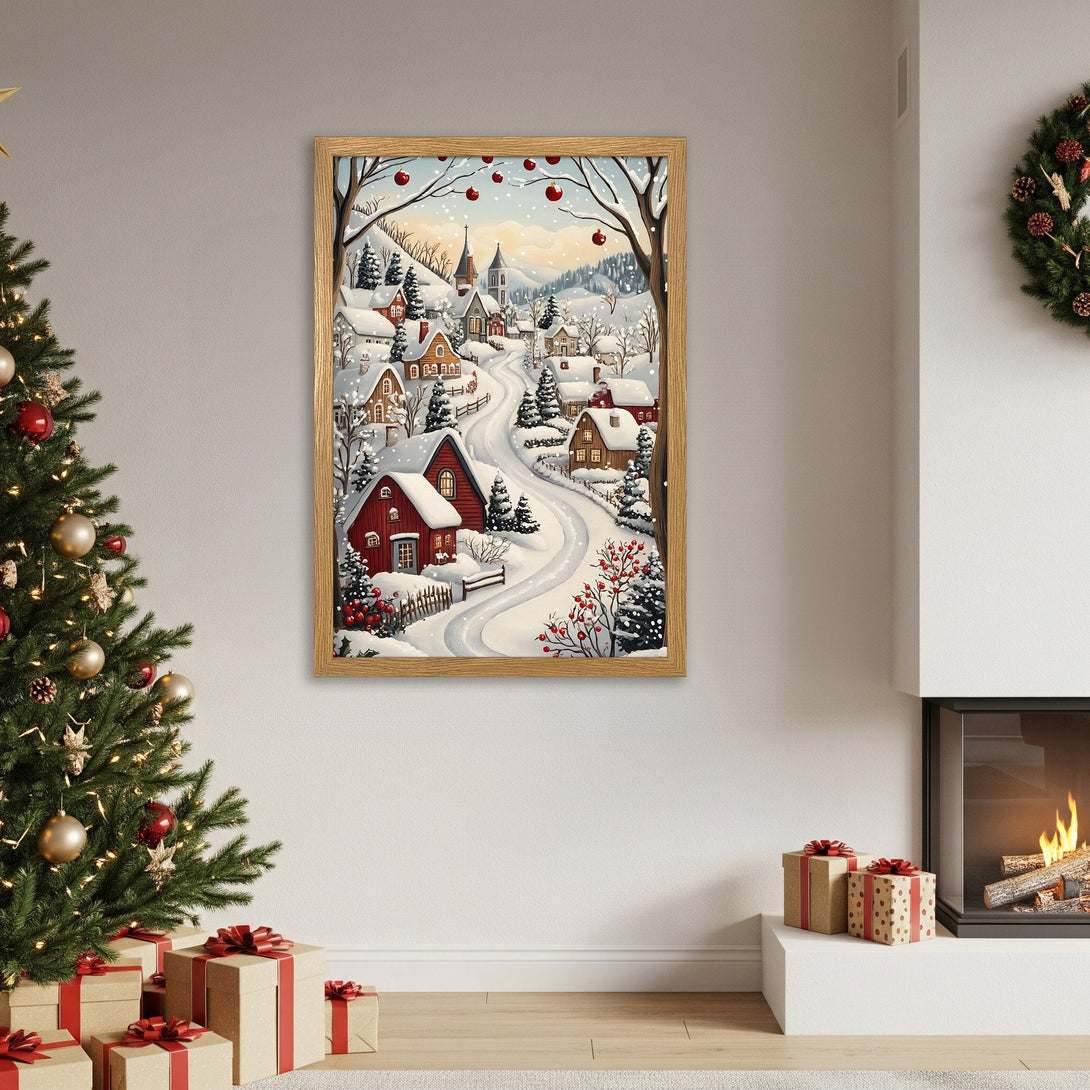 Framed Poster featuring a winter village scene. Cozy art with a warm color palette, perfect for holiday decor. Shop this beautiful Poster today!