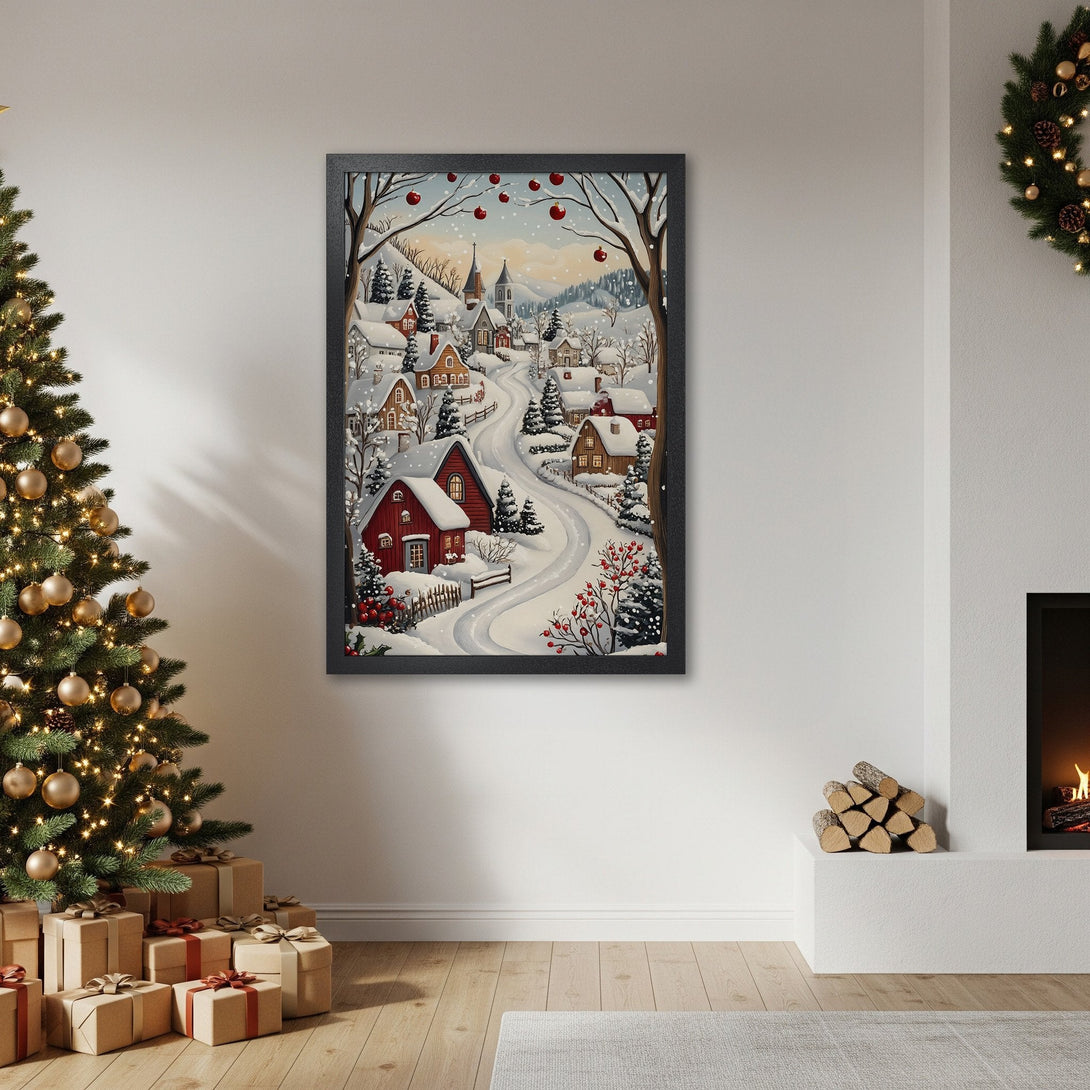 Framed Poster featuring a winter village scene in a cozy, illustrative style with a red and white color palette. Perfect holiday decor!