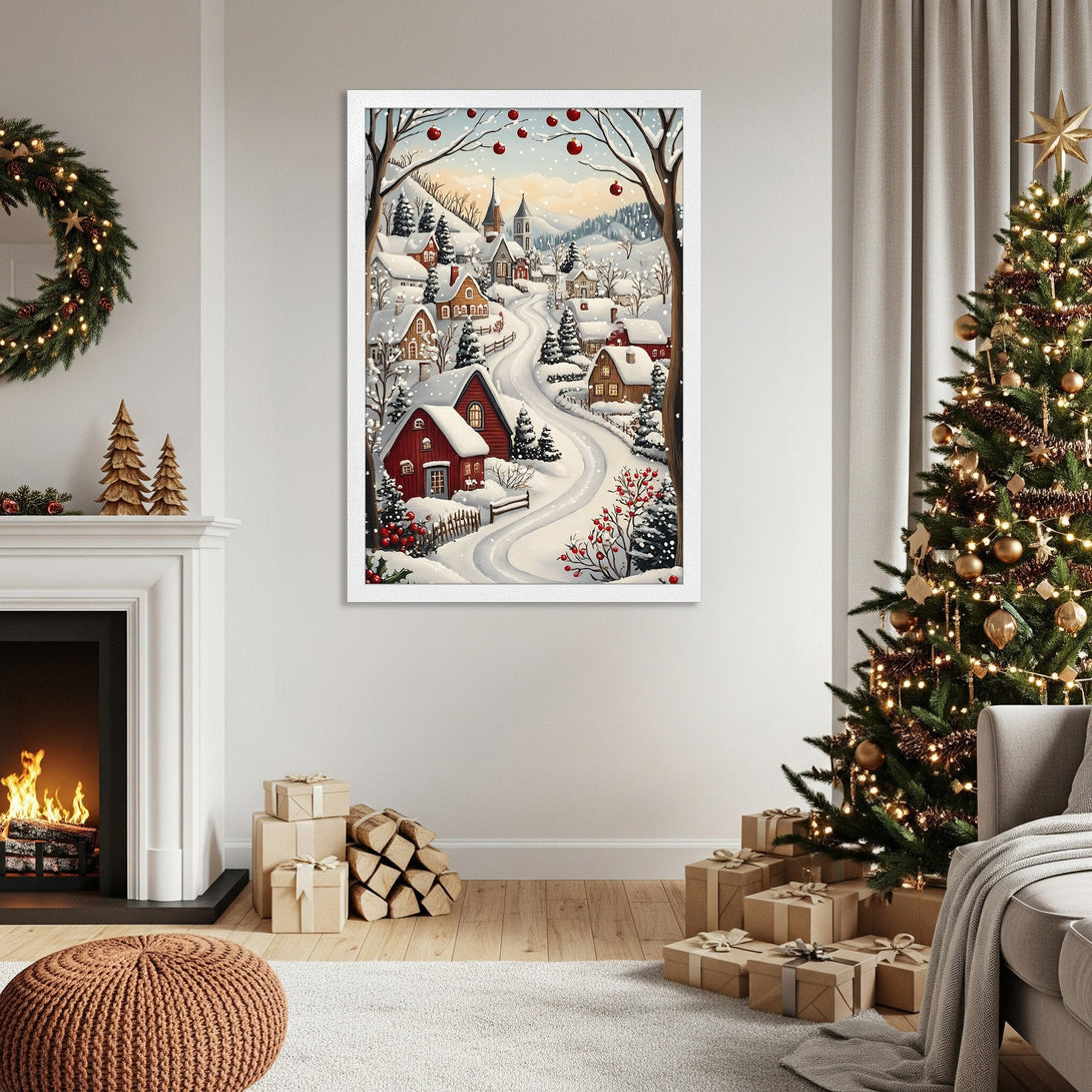 Framed Poster of a winter village scene, watercolor style, with red, white, and blue hues. Perfect Christmas decor!