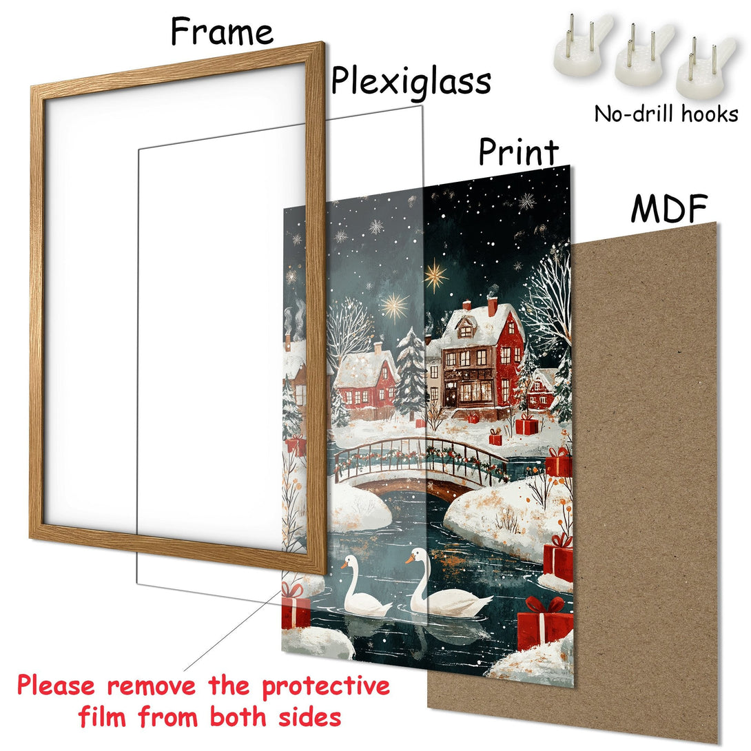 Framed Poster featuring a winter village scene. Cozy style with red, blue, and white color palette. Perfect wall art for your home.