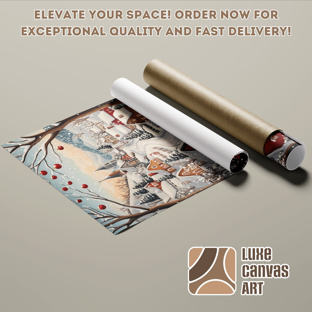 Winter village scene Poster Roll, warm color palette, perfect for home decor. Order yours today!