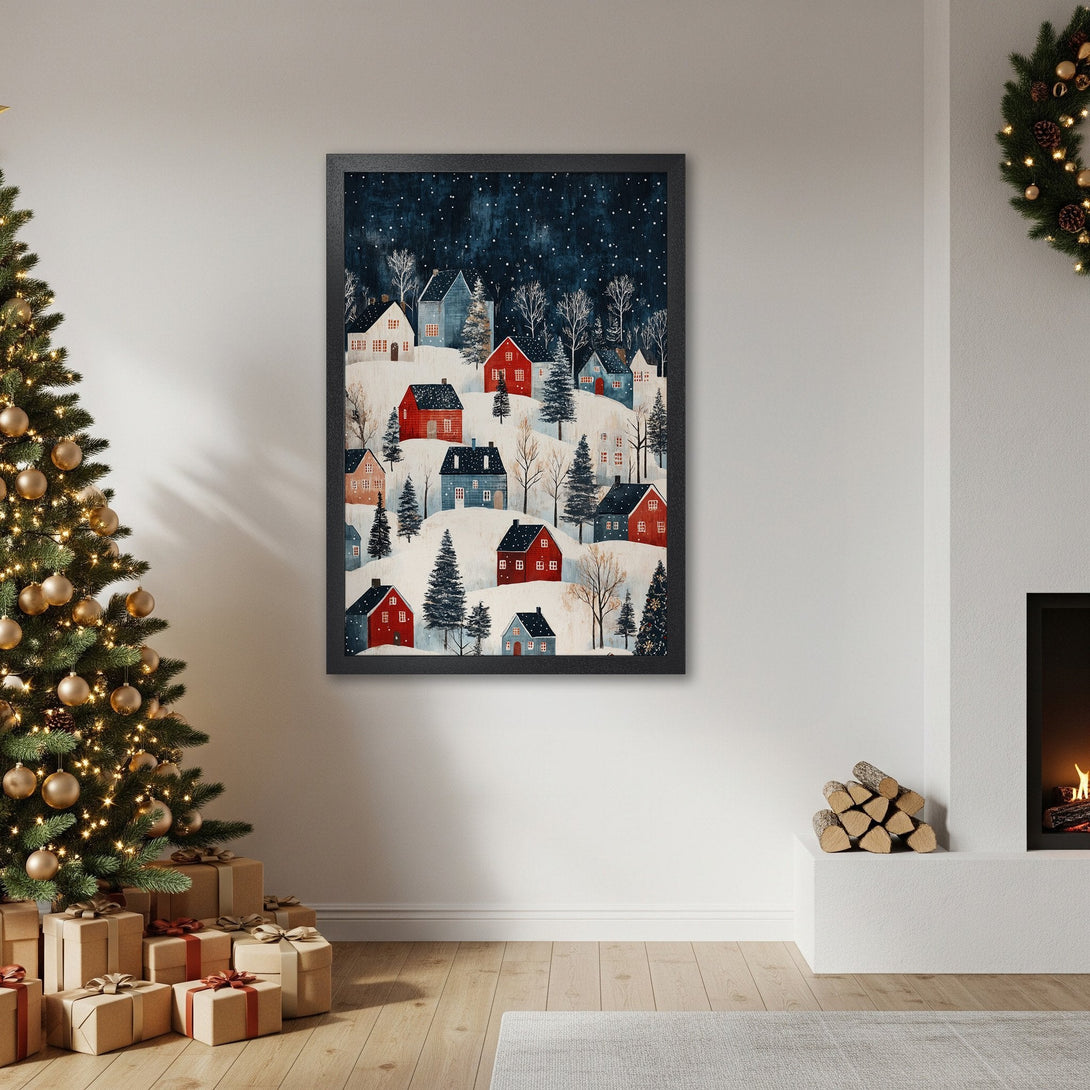Framed Poster featuring a winter village scene in blue, red, and white. Perfect for holiday decor!