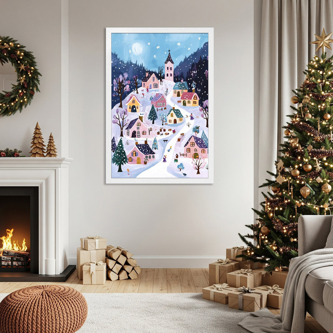 Framed Poster featuring a whimsical winter village scene with a blue and pink color palette, perfect for holiday decor.