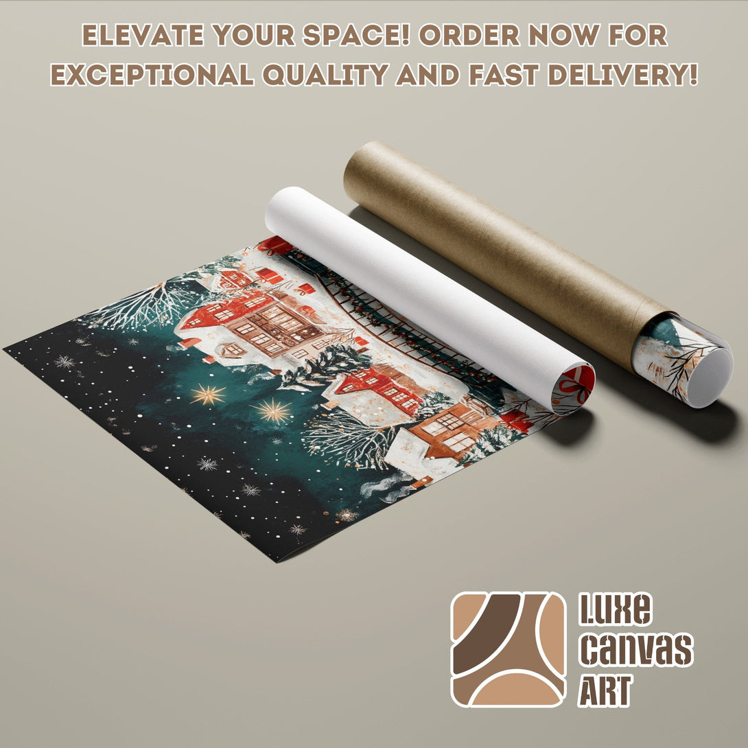 Poster Roll featuring a winter village scene in a dark teal and red palette. Elevate your space!
