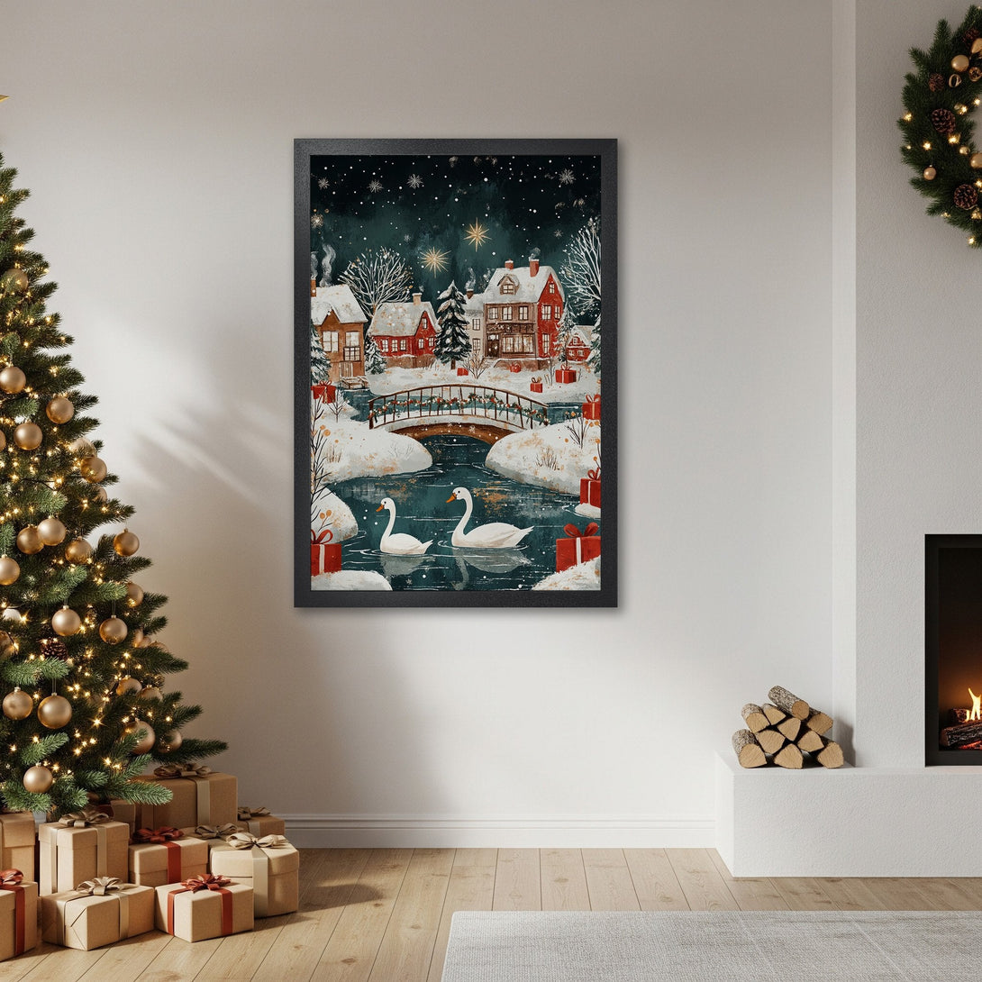 Framed Poster of a winter village scene with swans, in a cozy, watercolor style. Featuring a red, white, and teal color palette.