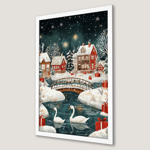Framed Poster of a winter village scene with swans. Watercolor style, featuring red, white, and teal color palette, perfect for holiday decor.