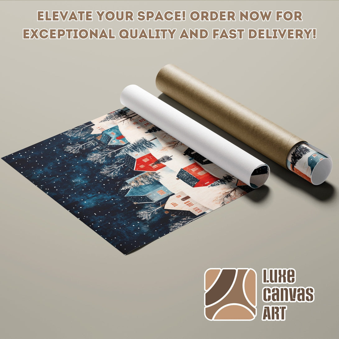 Poster Roll featuring a winter village scene in blue and red hues.