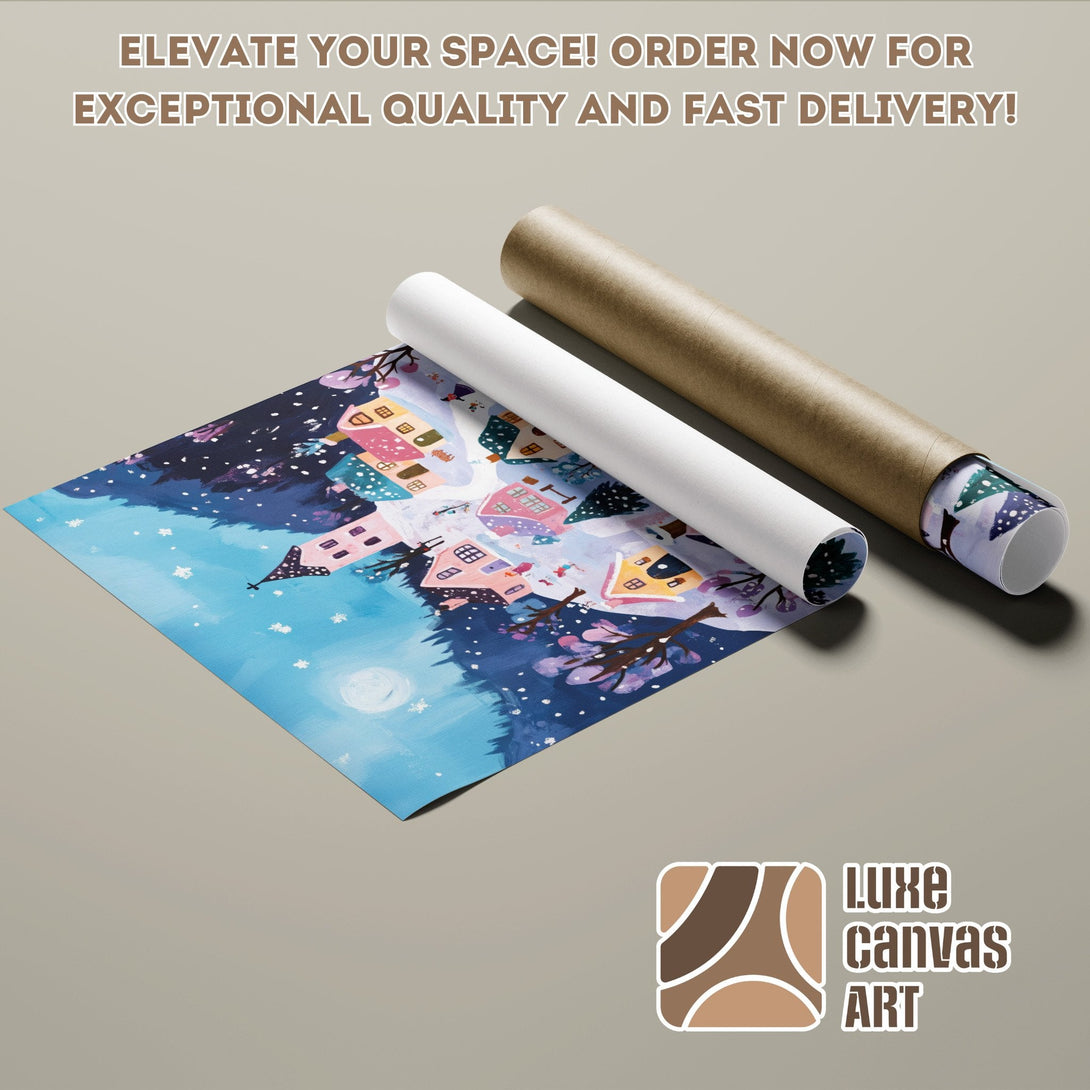 Whimsical Poster Roll art featuring a colorful village scene, perfect for your space! Order now!