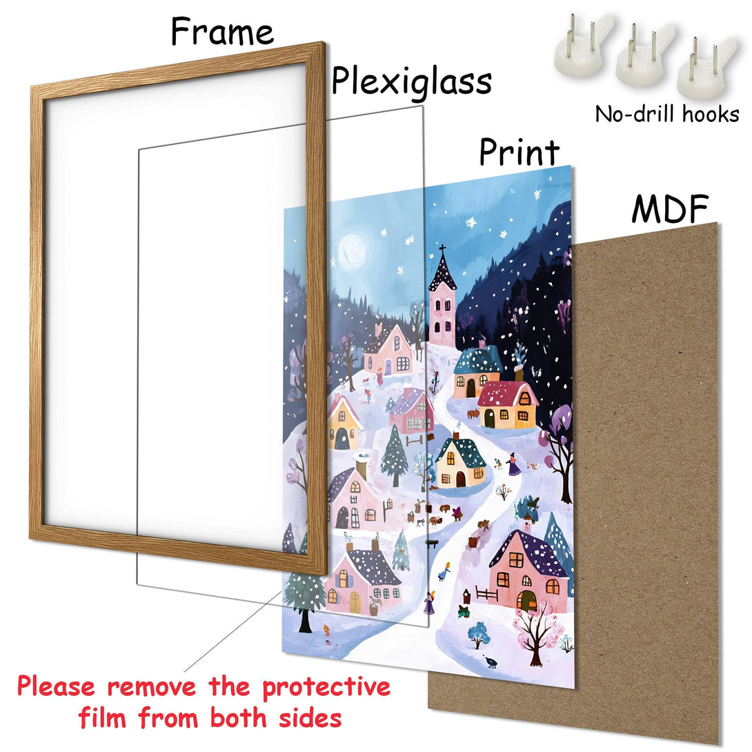 Framed Poster featuring a whimsical winter village scene in a colorful, illustrative style. Perfect wall art for any space.